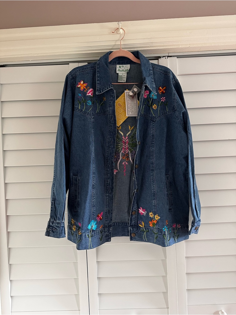 NWT Quacker Factory Blue Denim Jacket with Colorful Floral Embroidery